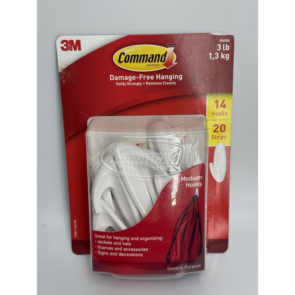 3M Command Brand Medium General Purpose Hooks, White, 14 Hooks & 20 strips, 3lbs